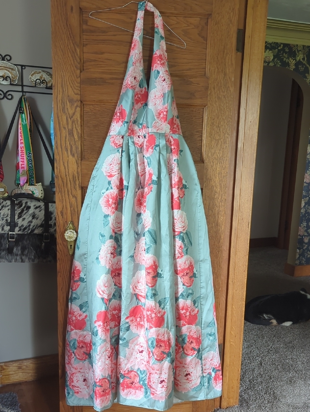 Nights By Teeze Me Floral Halter Fit-and-Flare Dress Gown in Mint and Coral
